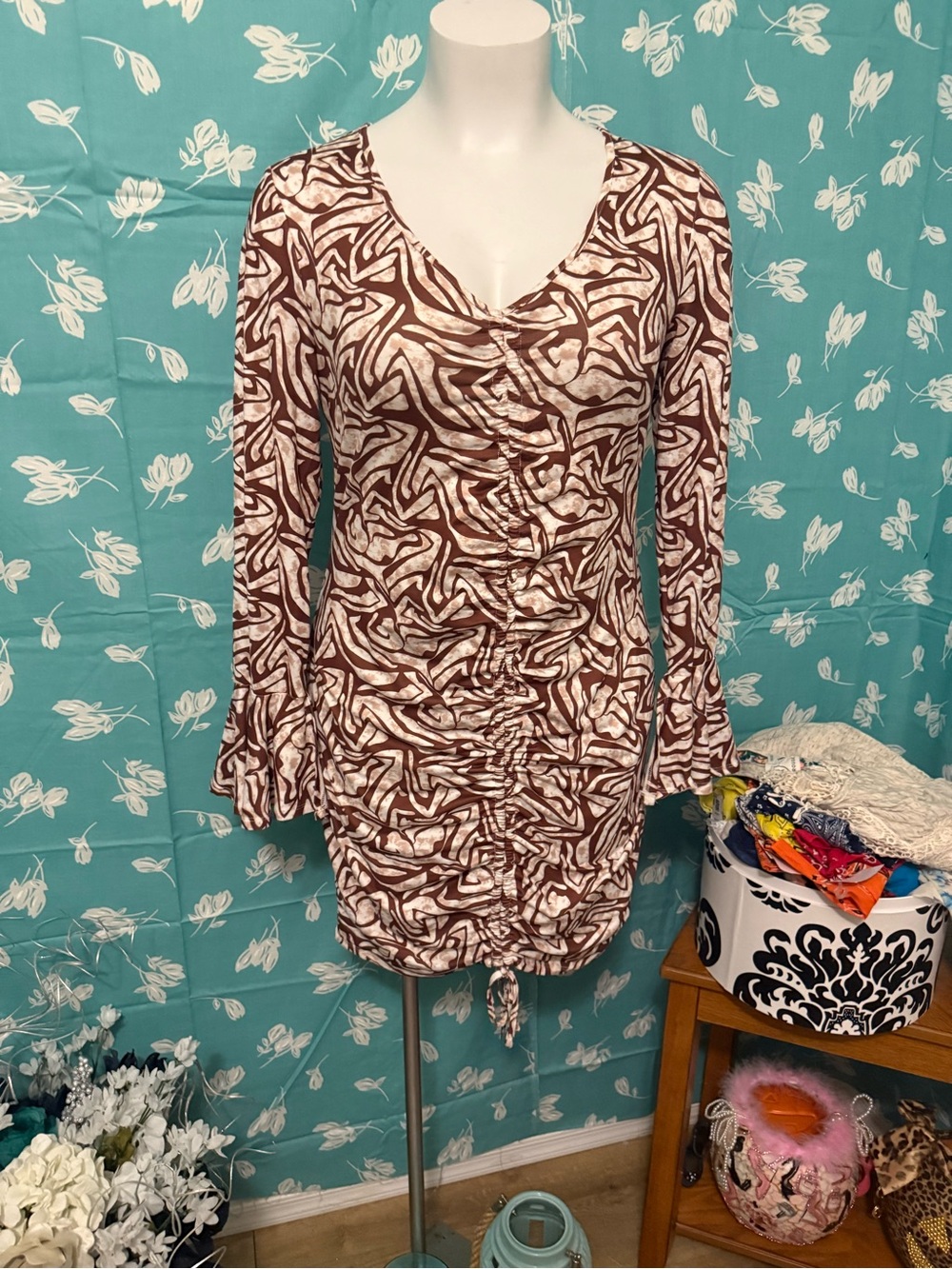 SHEIN Brown & Cream Abstract Ruched Long-Sleeve Tunic